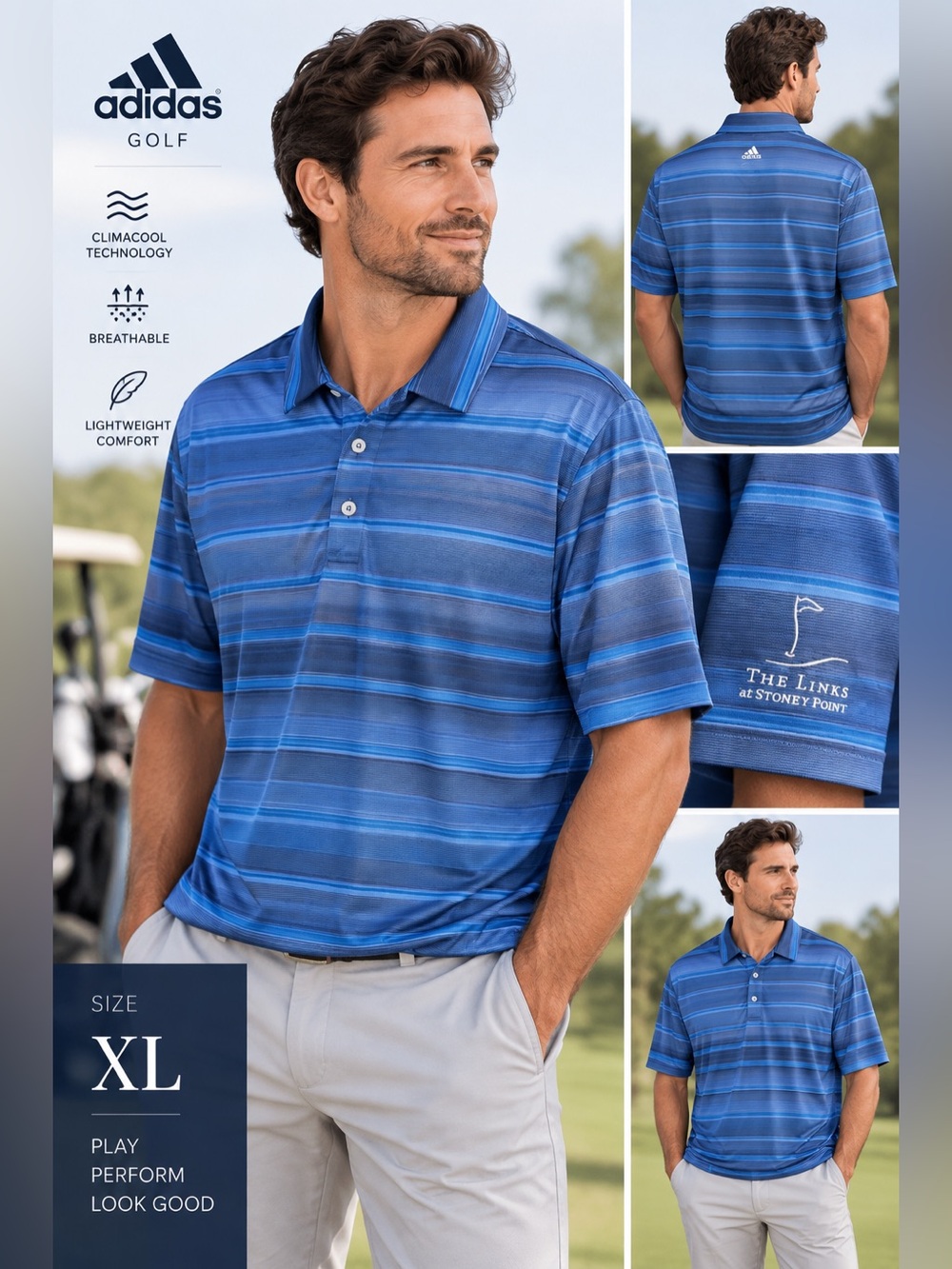 adidas Blue Striped Polo Golf Shirt